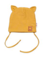 Baby Nellys Bavlněná dvouvrstvá čepice s oušky na zavazování FOX - hořčicová, vel. 80/86
