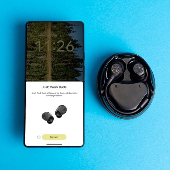  moderní bezdrátová sluchátka jlab work buds stylové pouzdro hovory handsfree kvalitní mikrofon nabíjecí pouzdro 