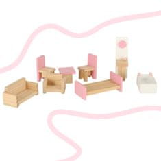 WOWO Montessori Dřevěný Domeček pro Panenky s Růžovými Doplňky k Nábytku, 36cm