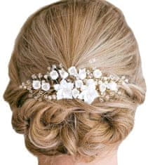 Camerazar Elegantní svatební hřeben do vlasů, zlatý drát, bílé květy, 14 cm x 8 cm