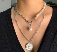 Camerazar Dvojitý Dámský řetízkový náhrdelník choker s perlami, zlaté barvy, délka 50 cm