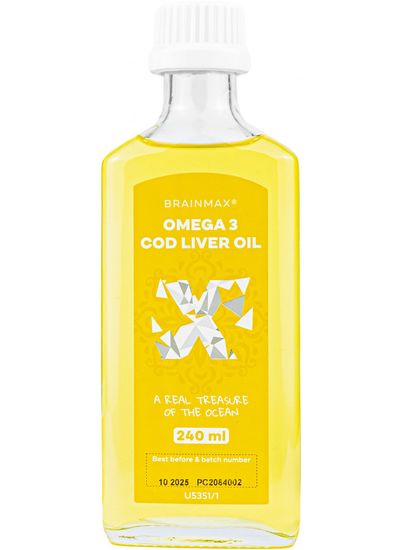 BrainMax Omega 3, Olej z tresčích jater, citrón, 240 ml