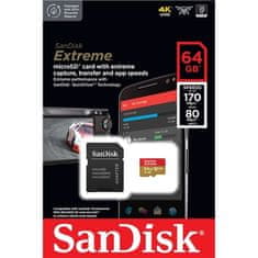 SanDisk Paměťová karta Micro SDXC Extreme 64GB UHS-I U3 (170R/ 80W) + adapter