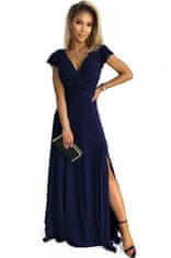 Numoco 411-3 CRYSTAL třpytivé dlouhé šaty s výstřihem - tmavě modré L