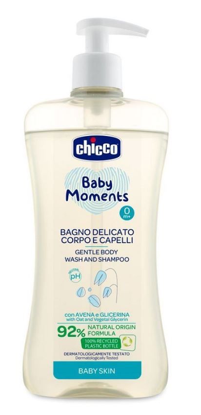 Levně Chicco jemný šampon na vlasy a tělo s dávkovačem Baby Moments 92 % přírodních složek 500 ml