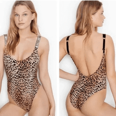 Victoria Secret Dámské jednodílné plavky Scoop s kamínky leopardí S
