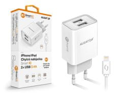 Aligator Chytrá síťová nabíječka 2,4A, 2xUSB, smart IC, bílá, USB kabel pro iPhone/iPad