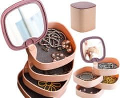 Camerazar Kulatá šperkovnice s organizérem a zrcadlem, lososová barva, plast, průměr 12,5 cm