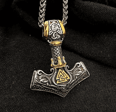 Camerazar Pánský náhrdelník s kladivem Thor Mjolnir, stříbrno-zlatá barva, chirurgická ocel