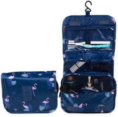 Závěsný kosmetický organizér, tmavě modrý s růžovými plameňáky, PVC polyester, 41x23x8 cm