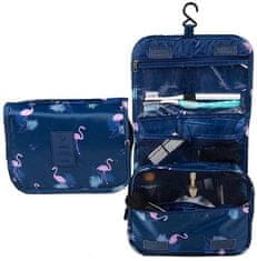 Camerazar Závěsný kosmetický organizér, tmavě modrý s růžovými plameňáky, PVC polyester, 41x23x8 cm