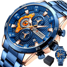 Camerazar Pánské náramkové hodinky CURREN s chronografem, modré, minerální sklo Hardlex