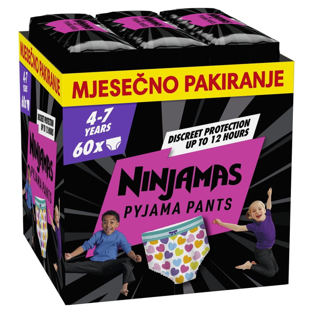 Pampers Ninjamas Pyjama Pants Srdíčka, 60 ks, 7 let, 17kg-30kg - měsíční balení