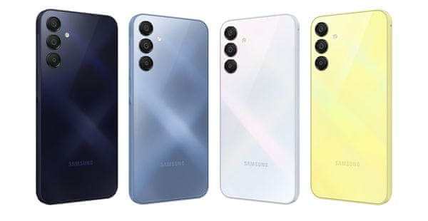 Samsung Galaxy A15 LTE, chytrý telefon 6,5palcový displej Super AMOLED obnovovací frekvence stabilizace obrazu tři fotoaparáty nejrychlejší LTE připojení výkonný chytrý telefon velký displej rychlonabíjení