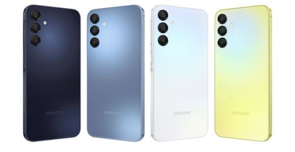 Samsung Galaxy A15 LTE, chytrý telefon 6,5palcový displej Super AMOLED obnovovací frekvence stabilizace obrazu tři fotoaparáty nejrychlejší LTE připojení výkonný chytrý telefon velký displej rychlonabíjení