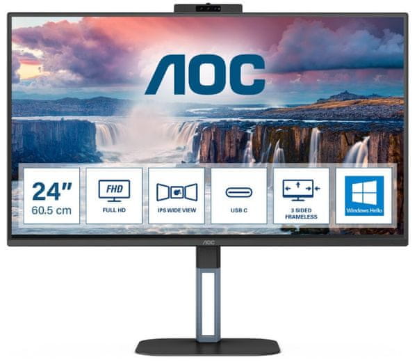 monitor AOC 24V5CW 23,8 24 palců Full HD rozlišení širokoúhlý FHD LED displej 1920 1080 perfektní obraz reproduktory 2x 5 10 W webkamera Windows Hello