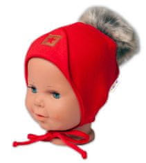 Baby Nellys Bavlněná dvouvrstvá čepice s bambulí na zavazování Star - červená, vel. 68/80