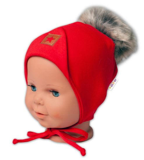 Baby Nellys Bavlněná dvouvrstvá čepice s bambulí na zavazování Star - červená, vel. 68/80