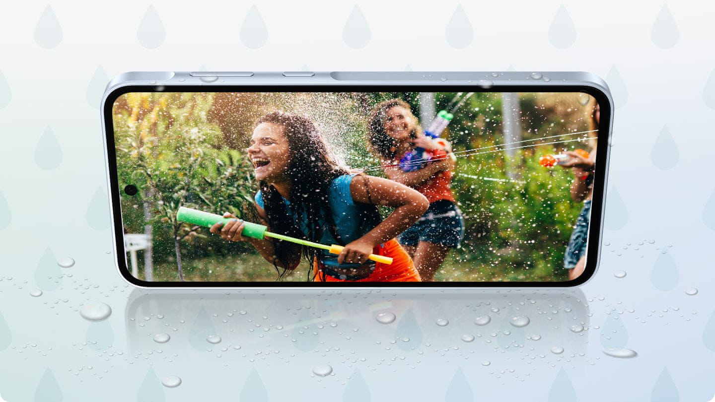 Samsung Galaxy A35 5G, chytrý telefon, vlajková loď velký displej Super AMOLED obnovovací frekvence stabilizace obrazu tři fotoaparáty nejrychlejší 5G připojení 5G internet podpora nejrychlejšího připojení Corning Gorilla Glass Victus+ výkonný telefon IP67 NFC
