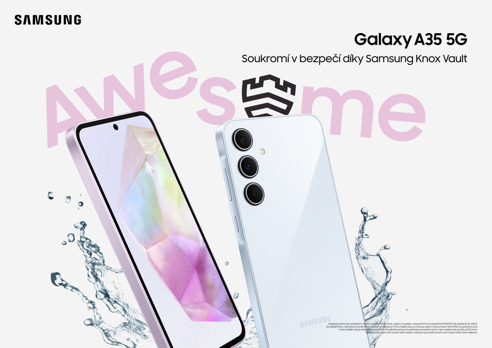 Samsung Galaxy A35 5G, chytrý telefon, vlajková loď velký displej Super AMOLED obnovovací frekvence stabilizace obrazu tři fotoaparáty nejrychlejší 5G připojení 5G internet podpora nejrychlejšího připojení Corning Gorilla Glass Victus+ výkonný telefon IP67 NFC