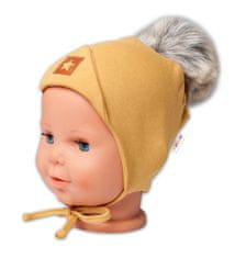 Baby Nellys Bavlněná dvouvrstvá čepice s bambulí na zavazování Star - hořčicová, vel. 56/68