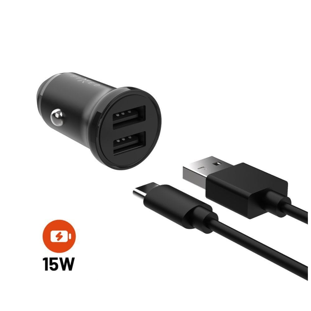 Levně FIXED Set autonabíječky s 2xUSB výstupem a USB/USB-C kabelu, 1 metr, 15W Smart Rapid Charge FIXCC15N-2UC-BK, černá