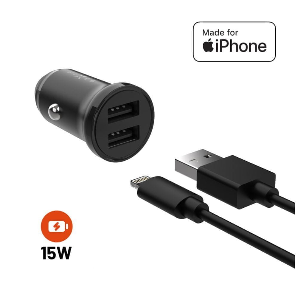 Levně FIXED Set autonabíječky s 2xUSB výstupem a USB/Lightning kabelu, 1 metr, MFi certifikace, 15W Smart Rapid Charge FIXCC15N-2UL-BK, černá