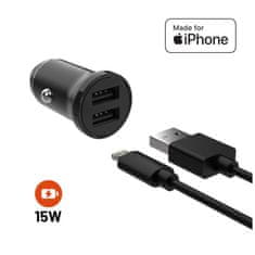 FIXED Set autonabíječky s 2xUSB výstupem a USB/Lightning kabelu, 1 metr, MFi certifikace, 15W Smart Rapid Charge FIXCC15N-2UL-BK, černá