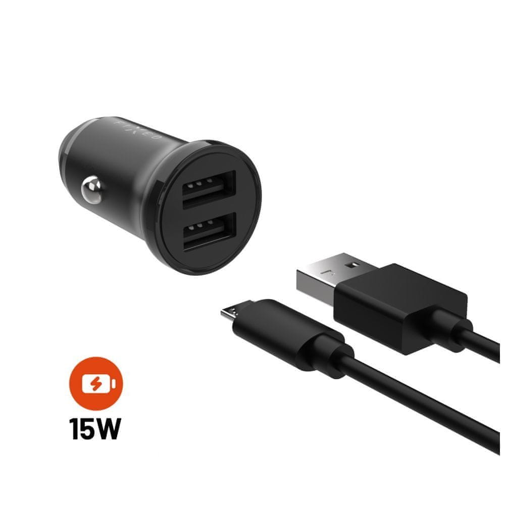 Levně FIXED Set autonabíječky s 2xUSB výstupem a USB/micro USB kabelu, 1 metr, 15W Smart Rapid Charge FIXCC15N-2UM-BK, černá