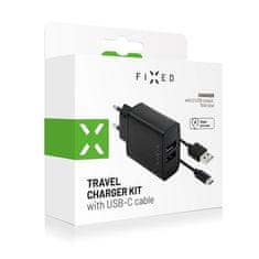 FIXED Nabíječka do sítě 2xUSB, 15W Smart Rapid Charge + USB-C kabel 1m - černá