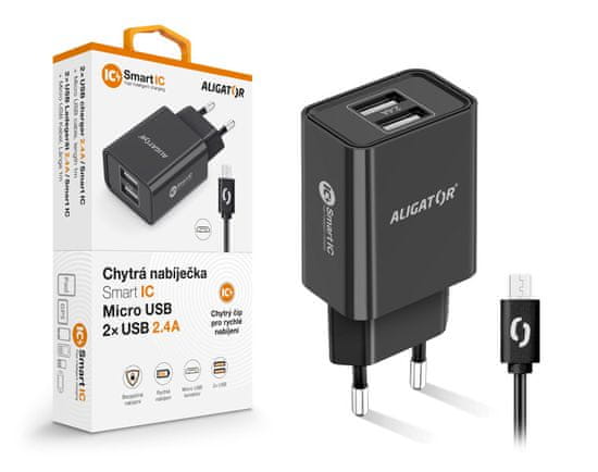 Aligator Chytrá síťová nabíječka 2,4A, 2xUSB, smart IC, černá, micro USB kabel