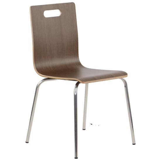 STEMA Židle WERDI A v tmavě hnědé barvě na nerezovém rámu. Pro domácnost, kancelář, restauraci a hotel. Tloušťka překližky kbelíku cca 11 mm. Židle má certifikát pevnosti.
