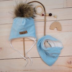 Z&Z Zimní dvouvrstvá čepice na zavazování s bambulí z kožešinky + šátek Z&Z, modrá - 56-62 (0-3m)