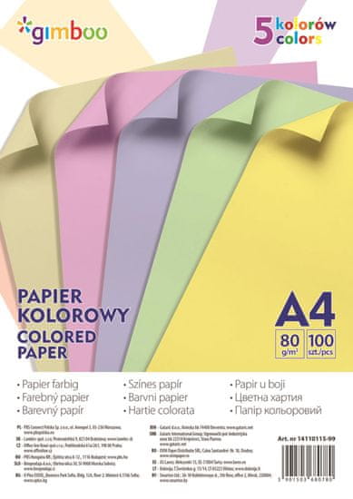Gimboo Barevné papíry A4 - složka 100 listů, 5 pastelových barev