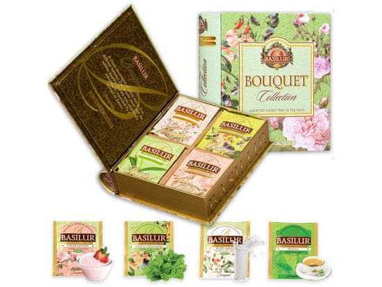 Basilur BASILUR Bouquet -Směs zelených čajů v sáčcích, v ozdobné dóze, kniha 32x1,5g