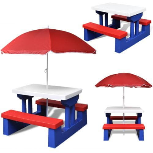 LEBULA Zahradní piknikový stůl pro děti s deštníkem a modro-červené lavičky