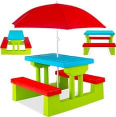LEBULA Zahradní piknikový stůl pro děti s deštníkem a zeleno-červenými lavicemi