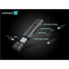 Connect IT USB Hub COMPACT 4v1 USB-A hub + čtečka karet, USB-A/ 2x USB-A 3.0, 1x SD, 1x MicroSD - antracitová