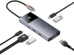 BASEUS dokovací stanice Metal Gleam 2 Series 6v1, 2xUSB 3.0, USB-C, USB-C PD, HDMI, RJ45, šedá