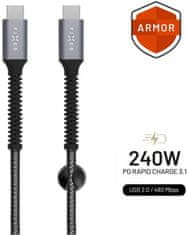 FIXED odolný nabíjecí a datový kabel Armor USB-C - USB-C, 2m, USB 2.0, PD 240W, šedá
