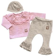 Baby Nellys Pletená soupravička s volánkem Heart, 3D, kabátek, kalhoty a čepička, růžová/béžová, 62