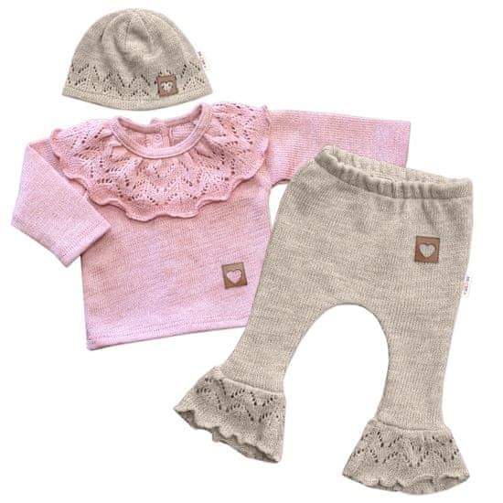Baby Nellys Pletená soupravička s volánkem Heart, 3D, kabátek, kalhoty a čepička, růžová/béžová, 74