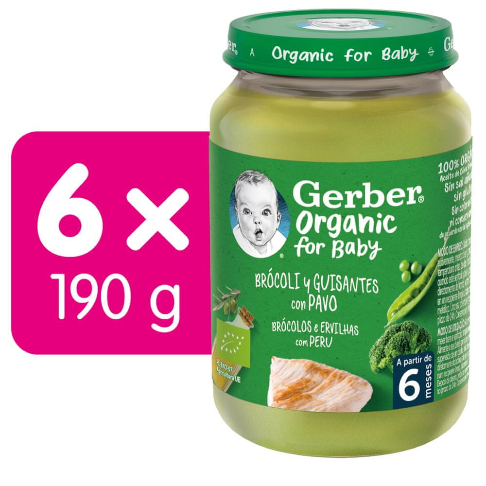 Gerber Organic dětský příkrm brokolice s hráškem a krutím masem 6x190 g