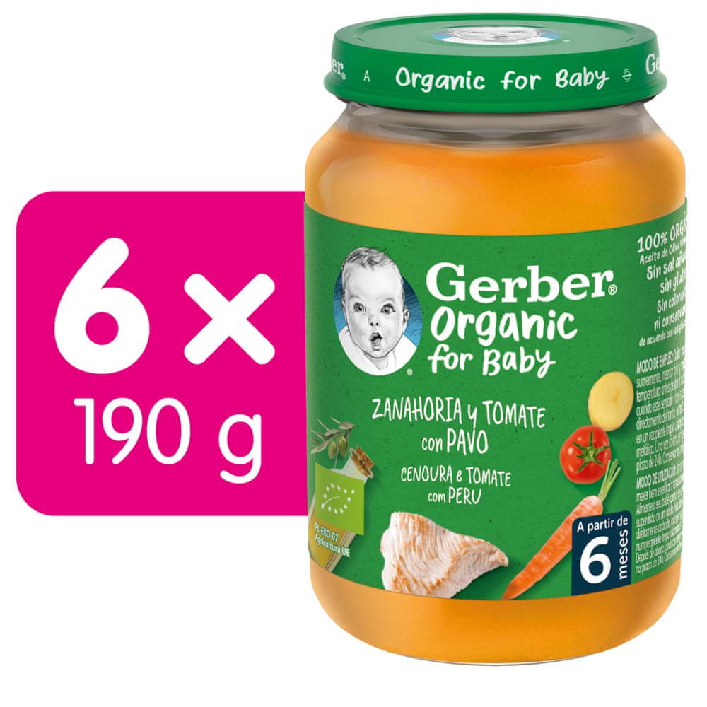 Levně Gerber Organic dětský příkrm mrkev a rajčata s krůtím masem 6x190 g