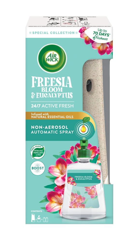 Air wick Active Fresh automatický difuzér a náplň na vodní bázi - Kvetoucí frézie a eukalyptus 228 ml