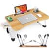 Skládací stolek na notebook v barvě dřeva s prostorem na šálek a zásuvku