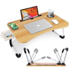 Severno Skládací stolek na notebook v barvě dřeva s prostorem na šálek a zásuvku