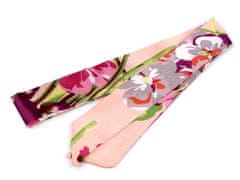 Šátek úzký do vlasů, na krk, na kabelku jednobarevný, s květy - pudrová květy