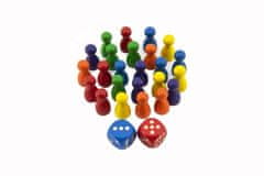 Detoa Figurky dřevo 25mm 24ks 6 barev+ 2 kostky společenská hra v sáčku 7x13cm