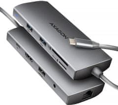 AXAGON multifunkční HUB 9v1 USB 5Gbps hub, 3x USB-A, USB-C, HDMI 4K/60Hz, RJ45, microSD/SD, PD 100W,
